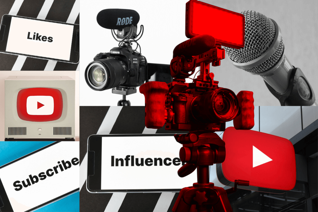 Decorative collage image of YouTube icons and camers